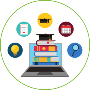 Learning tools around a laptop with books